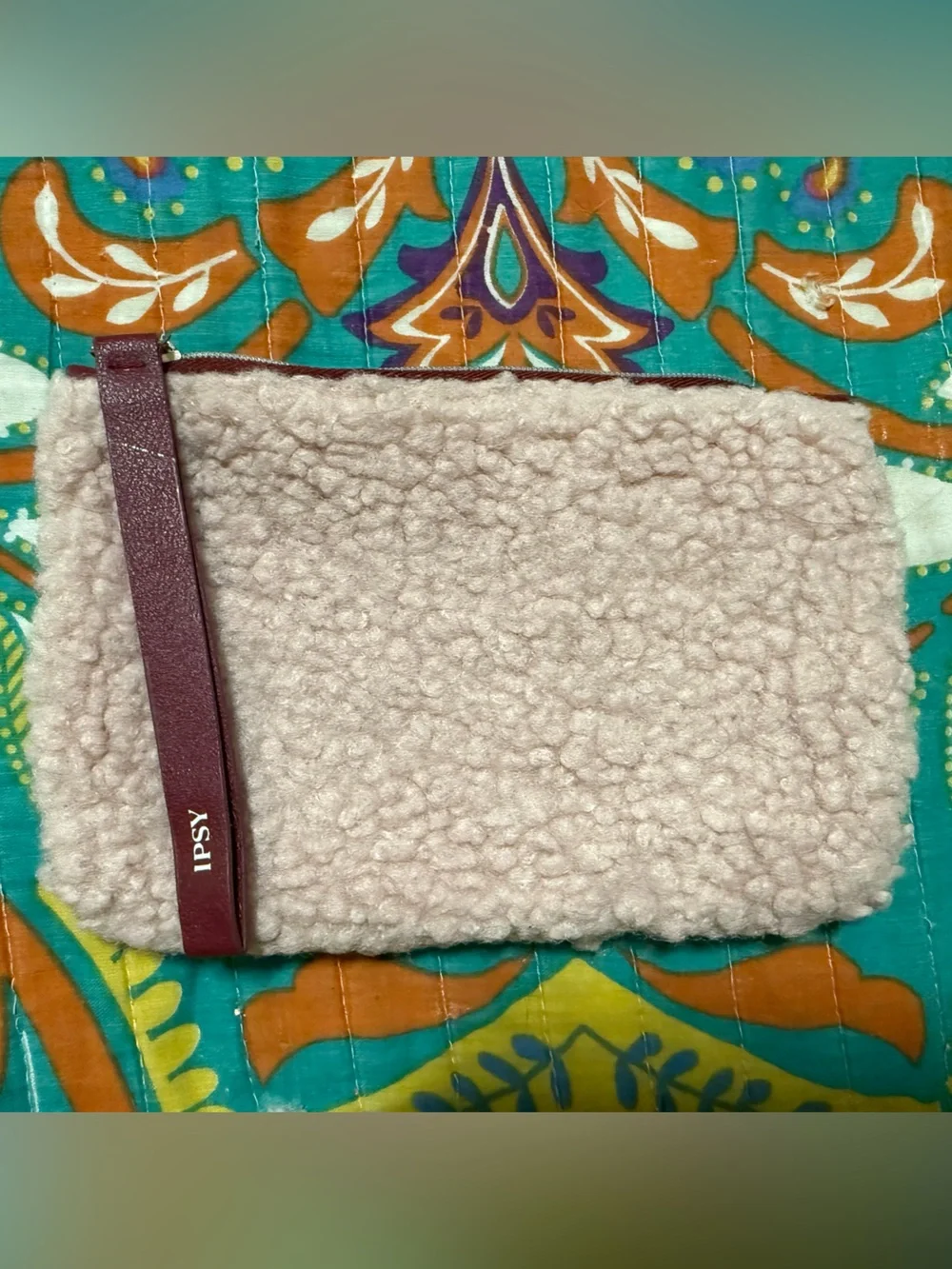 ipsy Pink Sherpa Cosmetic makeup bag with Burgundy Strap